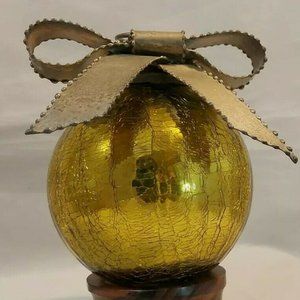 Mercury Glass Kugel Gold Crackle Lg 4” Diameter Christmas Ornament Metal Bow Cap